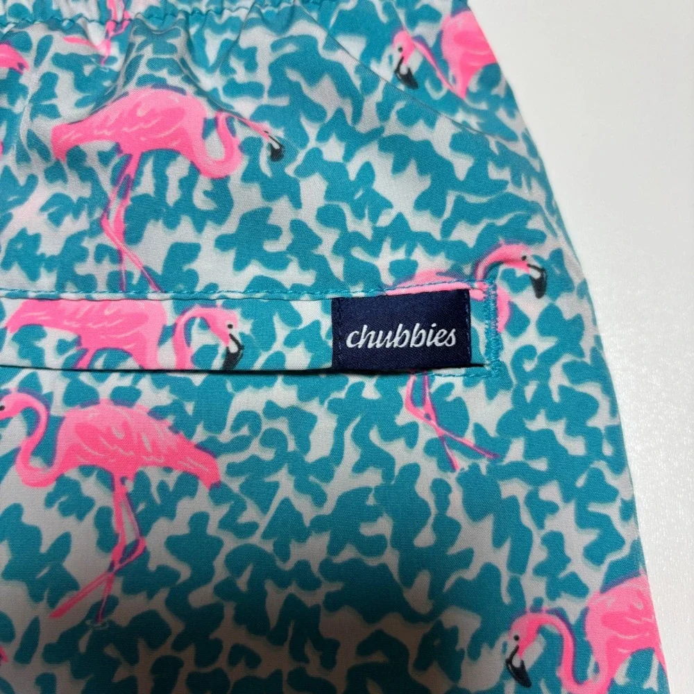 Chubbies Teal Flamingo Swim Trunks Mens XXL Lined Preppy Blue Swim Bathing Suit